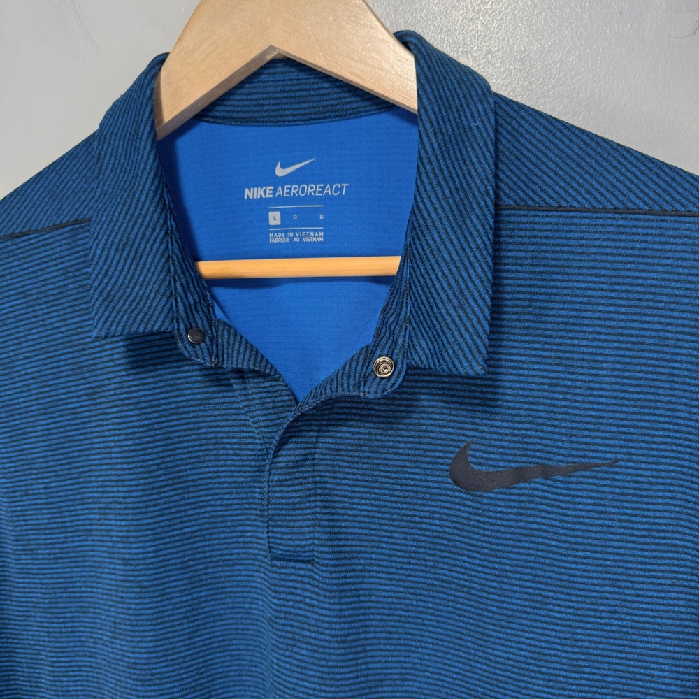 Nike AeroReact Golf Polo‎ Shirt Men Large Blue Black Striped Athletic Stretch - Picture 3 of 12